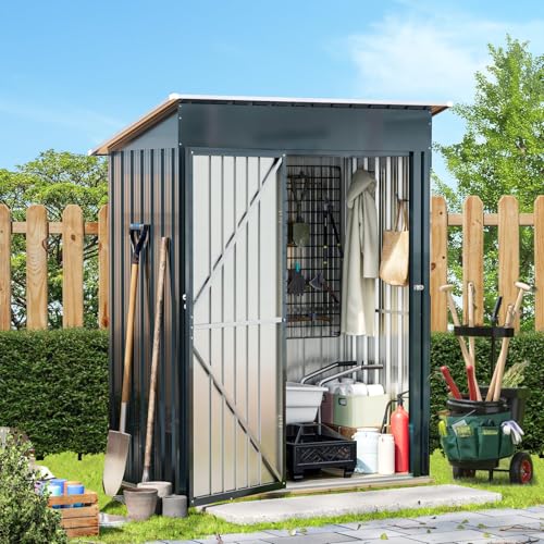 Image of Breezz 5x3FT Vertical Outdoor Steel Storage Shed with Floor Frame, Lockable Doors, Compact Metal Tool Shed for Garden, Backyard, Patio, Utility, and Bike Storage