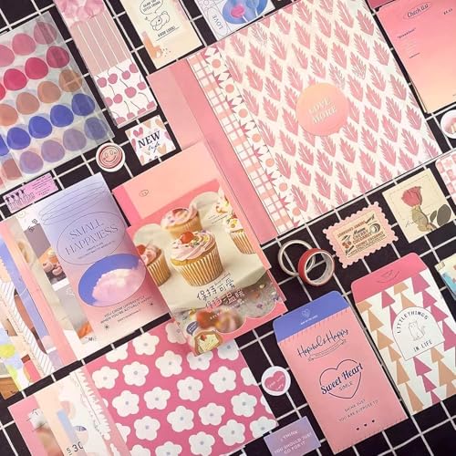 Image of VOTDOT (346Pcs) Paper Junk Journal & Scrapbook Kit, Scrapbooking Supplies Kit with Creative Decor Journaling Supplies, Stationery, Stickers, A6 Grid Notebook with Graph Ruled Page Gift for Girl (Pink)