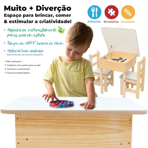 Conjunto Infantil Mesinha Resistente Com Baú e 2 Cadeiras de Madeira