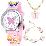 1 Set Girls Butterfly Watch and Butterfly Necklace Charm Bracelets, Kids Silicone 3D Designs Cartoon Watches with Packing Box for Birthday Gift Jewelry