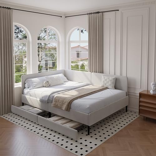 DEINPPA Full Size L-Shape Corner Bed Frame 2 Storage