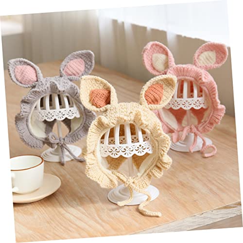 TOYANDONA Yarn Knitted Warm Hat with Bunny Ears Thermal Windproof Winter Cap for Boy Girl Months to Years Breathable Skin Friendly Crochet Cap in Beige3