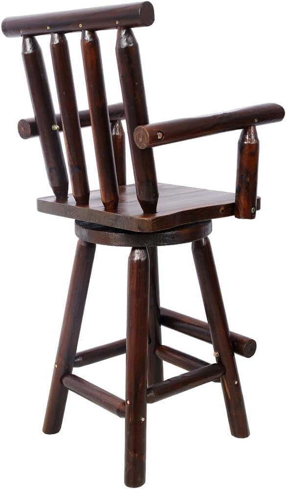 Rustic Log Cabin Swivel Bar Stool – 360° Swivel, Backrest & Armrests, 29.3" Seat Height, 500 lb Capacity, Tall Wooden Bar Chair for Kitchen, Bistro, Pub, Café,Brown