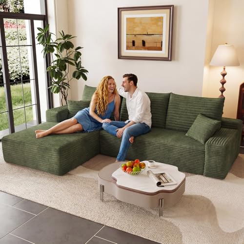 Image of 95 inch Modular Sectional Couch, Boneless L Shaped Cloud Sofa with Chaise Lounge, Corduroy Upholstered Couches Memory Foam Deep Seat, No Assembly Required, Ideal for Living Room(Green, Left Facing)