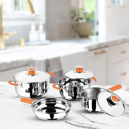 Kuber Industries Set of 4 Stainless Steel Cookware Set I Induction Base Cookware I Saucepan (1.4 L), Kadai (2.0 L), Casserole (2.5 L), Frypan (1 L) and 3 Lids I Heavy Gauge Steel