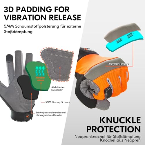 Foto von Vgo... 3 Paar Herren Sicherheitshandschuhe, Touchscreen, Praktische Arbeitshandschuhe für Gartenarbeit, Lager und leichte Mechanikerarbeiten (3 Paar, Größe XL, Orange, SL7584)
