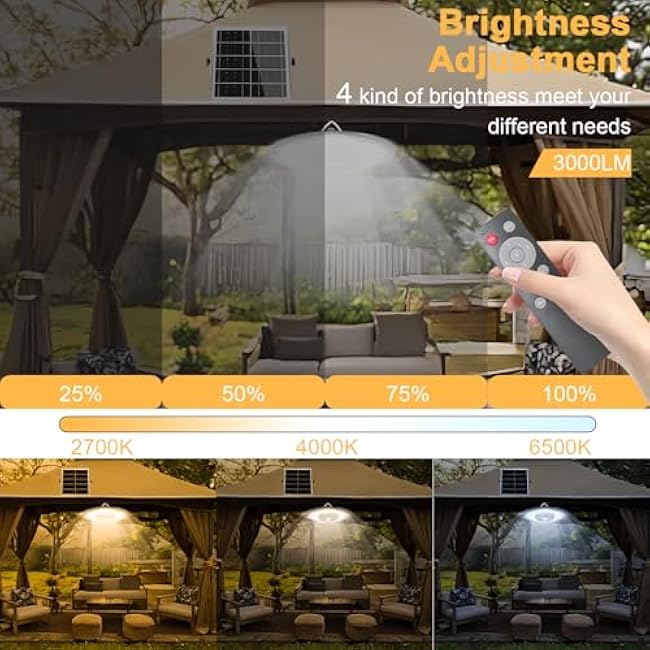 Solar Pendant UFO Light 3000LM, Gazebo Indoor Outdoor Motion Sensor Dimmable Brightness Remote Control Waterproof for Patio Porch Garage Lights