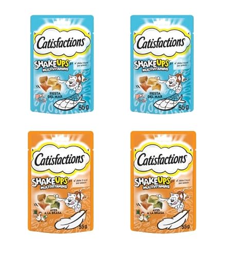 Catisfactions Shake Up Snack para Gatos de 55g Pack 4 Unidades (220g). Premios para Gatos multivitaminico. Bajo en calorias. Snack Saludable para Gatos. (220g, 2X Aves A LA BRASA + 2xFIESTA del MAR)