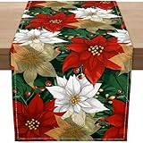 Picture of PROCIDA Red Gold Poinsettia Christmas Table Runner, Xmas Winter Burlap Holly Table Runners Seasonal Holiday Kitchen Dinning Decor for Indoor Outdoor Home Party 13x108 Inch