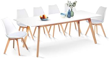 IDMarket - Juego de comedor Inga extensible de 160 a 200 cm y 6 sillas Sara, color blanco, diseño escandinavo