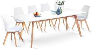 IDMarket - Set de mesa de comedor Inga extensible de 160-200 cm y 6 sillas Sara, color blanco, diseño escandinavo