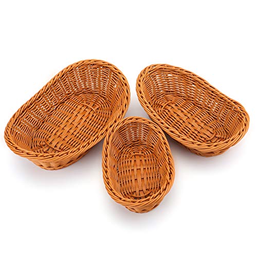 Yarlung Set Of 3 Oval Woven Breads Baskets, Small Stackable Poly Wicker Fruit Baskets For Serving Vegetables, Kitchen, Restaurant, Outdoor, Imitation Rattan Brown, 3 Sizes #TOP2