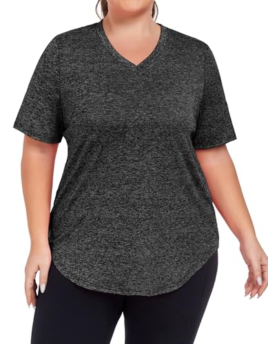 ForHailey Plus Size Workout Tops for Women Short Sleeves Shirts V Neck Summer Top U Hem Activewear Grey 3X-Large