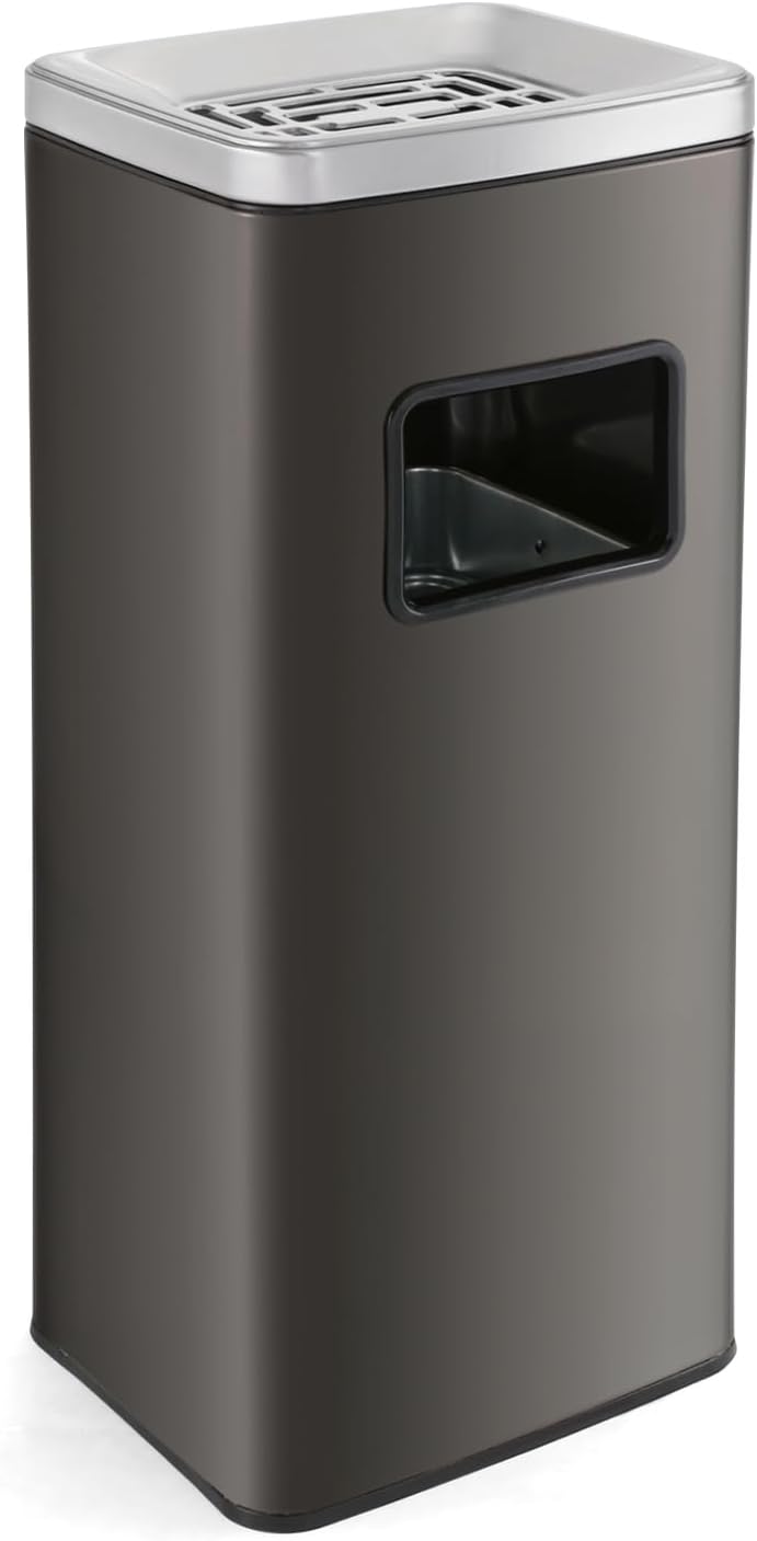 WICHEMI Commercial Outdoor Trash Can, 4 Gallon Removable Inner Bucket Trash Bin with Lid, Stainless Steel Garbage Can for Office, Hotel Lobby, Patio, Metallic Black