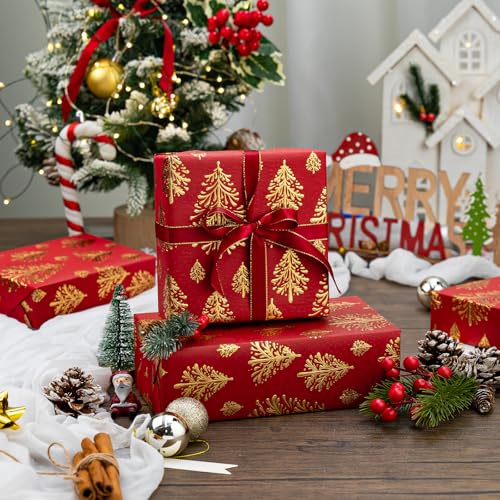 Flyhill Papel de embrulho de Natal Kraft - 43 cm x 10 m por rolo - design de árvores de Natal em rel