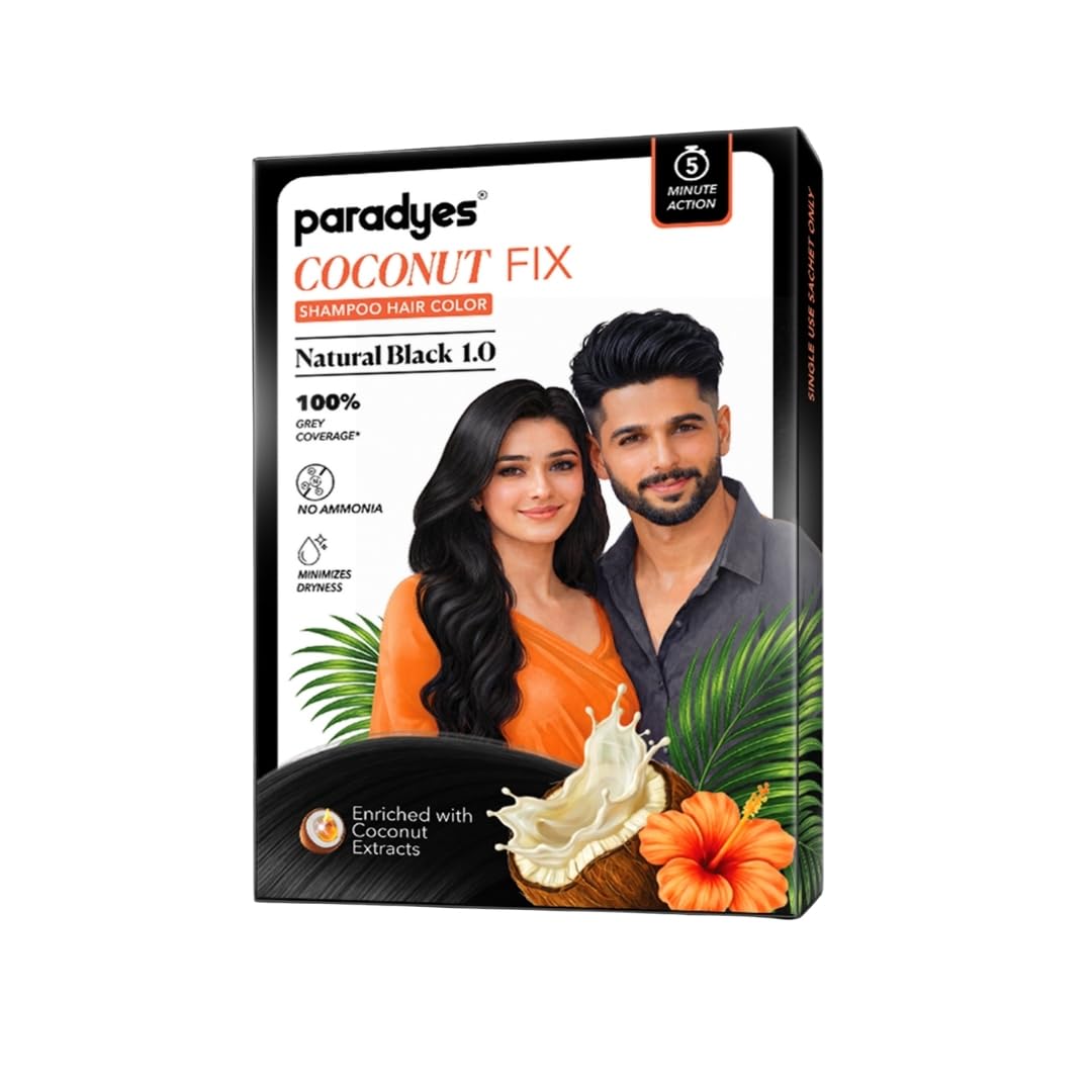 Paradyes Coconut Fix Shampoo Hair Color Natural Black 1.0, No Ammonia, Enriched with Coconut Extracts to Minimizes Dryness, 5 - Minute Grey Coverage-image-21