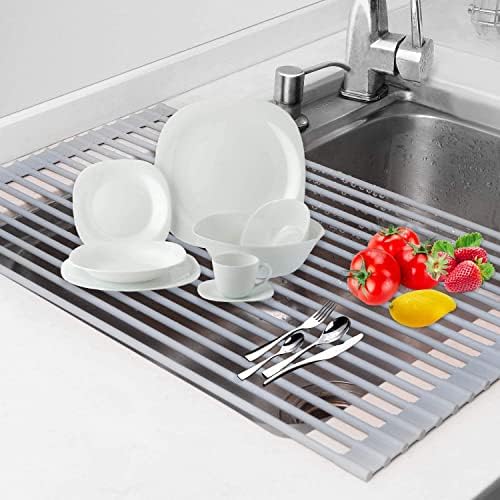Wizdays Roll Up Dish Drying Rack Kitchen Sink, 17"x13" Foldable Food Safe Grade Silicone Wrapped Stainless Steel Dish Drying Rack, Space Saver, Easy to Use, Clean & Store