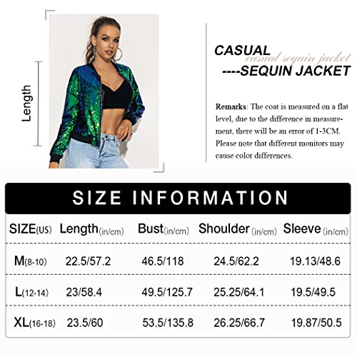 Evild Women’s Sequins Party Bomber Jackets Long Sleeve Glitter Jacket Zipper Up Collarless Sparky Bomber Blazers Green #TOP2