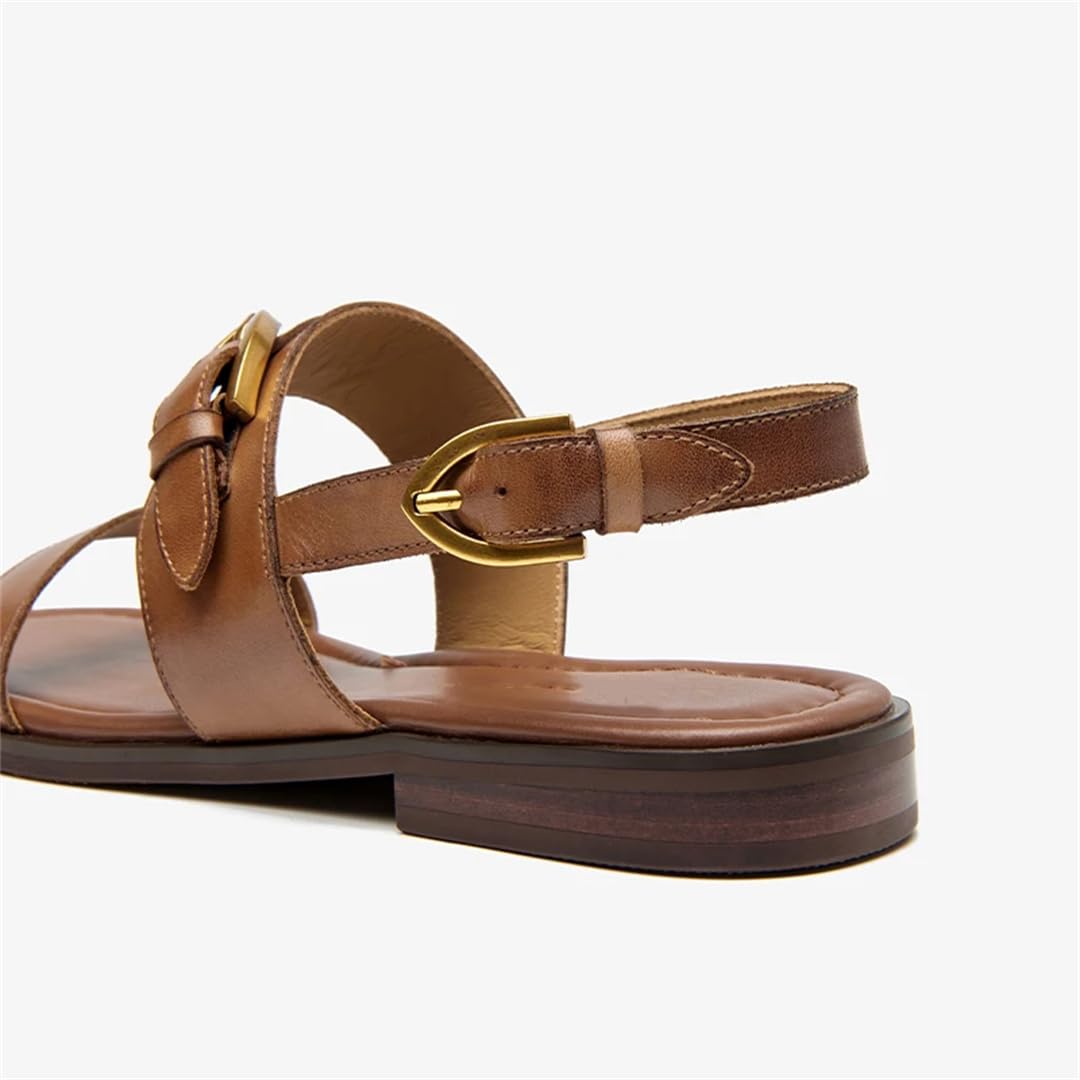Sandalias de gladiador con hebilla y correa trasera para mujer, tacón redondo, lateral abierto, estilo gladiador, con hebilla de metal y correa trasera, sandalias de verano retro, Black, 38.5 EU