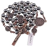 HanlinCC 6mm Hematite Stone Black Beads with Antique Copper Plated St.Benedict Center Piece Medal and Crucifix Cross Catholic Rosary Necklace for Men and Women with Black Velvet Bag