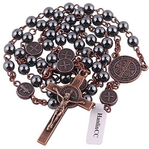 HanlinCC 6mm Hematite Stone Black Beads with Antique Copper Plated St.Benedict Center Piece Medal and Crucifix Cross Catholic Rosary Necklace for Men and Women with Black Velvet Bag