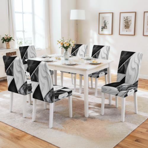 Image of Black White Marble Dining Chair Covers Set of 4, Stretch Covers