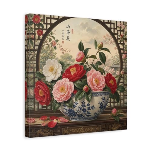 Toile canvas camélia fleurs de 35 cm avec châssis premium de 3 cm pour salon