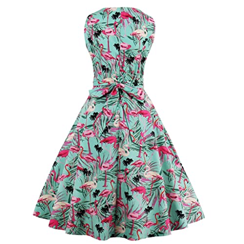 Wellwits Women's Tropical Leaf Flamingo Hepburn 1950s Vintage Swing Dress2