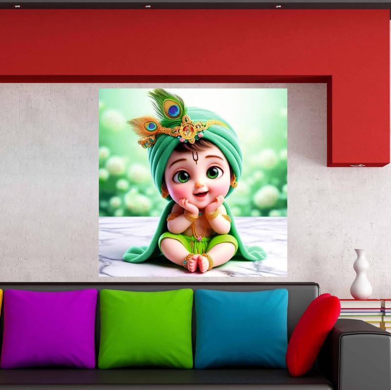 Image of British Terminal Cute little Bal Gopal Baby God Krishna| Kanha Ji | Laddu Lord Makhan Chor Painting Religious Poster for Pregnant Women for wall (matt thin vinyl,sticker,multicolor,unframed)| bj19