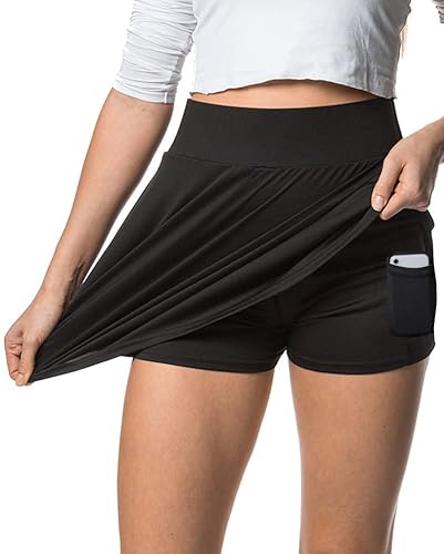 Damen Rock mit Innenshorts und Handytasche - weicher Microfaser Stoff mit knitterfreien hohem Bund - schwarz M