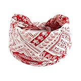 Bomeirc 1 Pack Boho Headbands Stretch Paisley Print Bandana Headband Criss Cross Hair Bands Knotted Head Wrap Yoga Daily for Women and Girls (White and bright red)