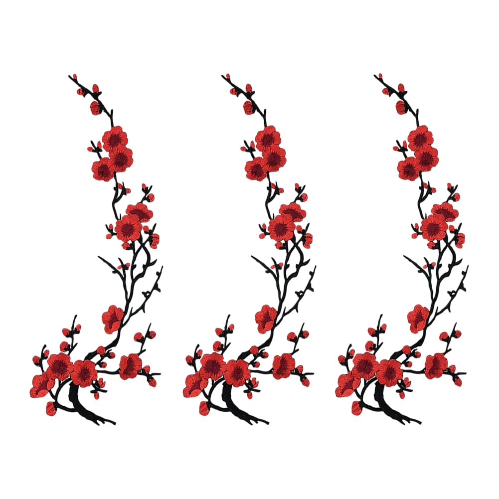 3 Pcs 16.6" Embroidery Cherry Blossom Iron On Patches Embroidered Plum Blossom Applique Patches Flower Branch Sew On Patch Flower Vines Sewing Patch Floral Appliques Embellishments for Dresses Red
