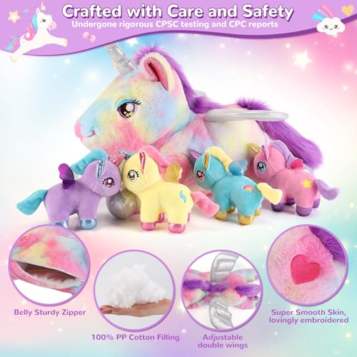 Image of 5 Pieces Unicorn Stuffed Animals - 1 Mommy Stuffed Unicorn with 4 Babies - Unicorns Gifts for Girls Ages 3-8, Unicorns Plush Toys for Christmas, Valentine's, Birthday Gifts (Rainbow)