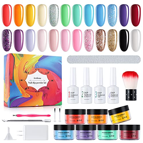 Artdone 24 Jars nail dip Powder Nail Kit Starter for Nail Art Acrylic Dip Nail System Without Cure Natural Dry Nail Glitter Long Lasting Nail Art Decoration