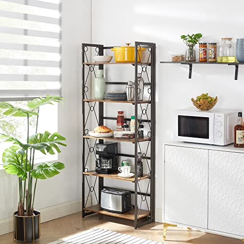 Vecelo 5 Tier Folding Bookshelf, 2-Step Assembly Foldable Bookcase With Standing Display Shelves, Collapsible Metal Frame With Lace X Shape And Anti-Toppling Design, Antique Brown, 1 Set #TOP5
