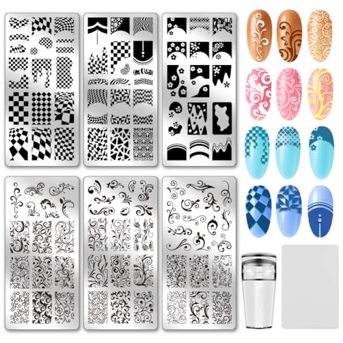 PH PandaHall 6pcs Swirl French Nail Stamping Plates Floral Tip Nail Art Designs Checkered Pattern Nails Image Plates Manicure Art Stencil with Tools for Women Manicures Salon Printing Design