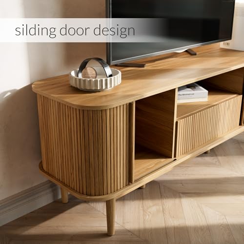 Image of Furniway Modern TV Stand for 45 /55 /70 inch TV, Entertainment Center with Sliding Doors and Storage, Wood TV Stand for Bedroom, Living Room, Natural
