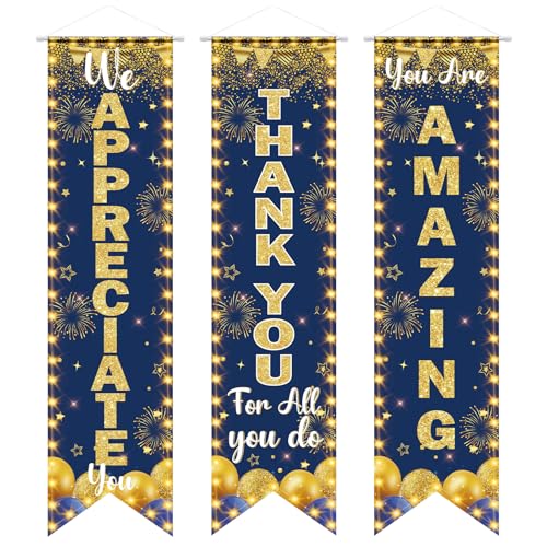 3PCS Blue Gold We Appreciate You Decoration Banner Thank You for All You Do Banner You Are Amazing Backdrop for Father's Day Teacher Employee Staff Nurse Poaster Volunteer Appreciation Party Supplies