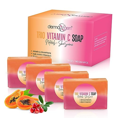 DERMAXGEN Organic Vitamin C Serum & Kojic Acid Soap Set – Brightening Face Serum with Retinol, Hyaluronic Acid & Vitamin E + Natural Cleansing Bars with Arbutin & Glutathione for Radiant-Looking Skin