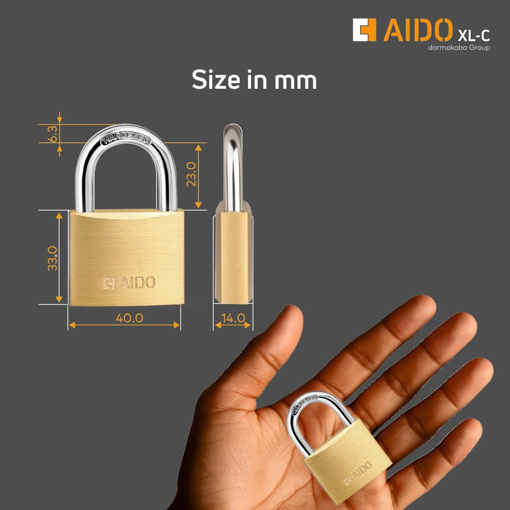 AIDO by dormakaba Group 40mm Solid Brass Padlock | Lock for Main Doors, Home, Luggage, Cabinets, Lockers, Toolboxes | 4 Brass Keys | Double Bolt | Hardened Shackle | Water Resistant | 2 Yr Warranty — Amazon image 4