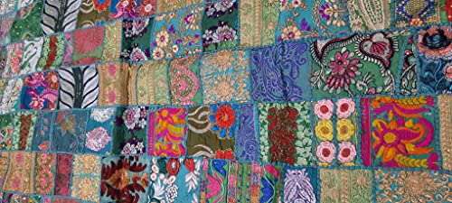 Image of Ekam Art Embroidery Patchwork Design Home Decor Cotton Rectangular Wall Hanging Beaded Tapestries 40 X 60 Inch (Green)