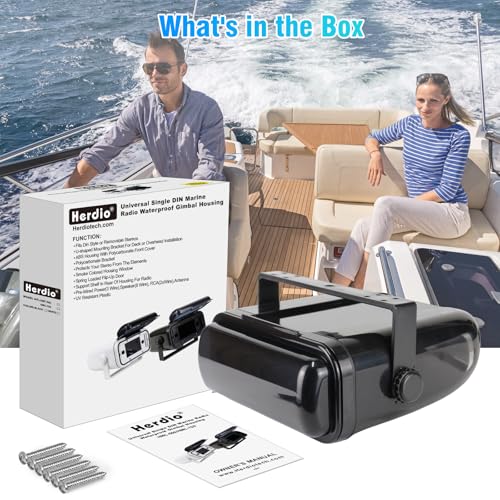 Image of Herdio Durable Universal Marine Stereo Cover - Water-Resistant Boat Radio Protector with Flip-Up Door, Neoprene Gasket, &Suitable for single-DIN radios（Black）