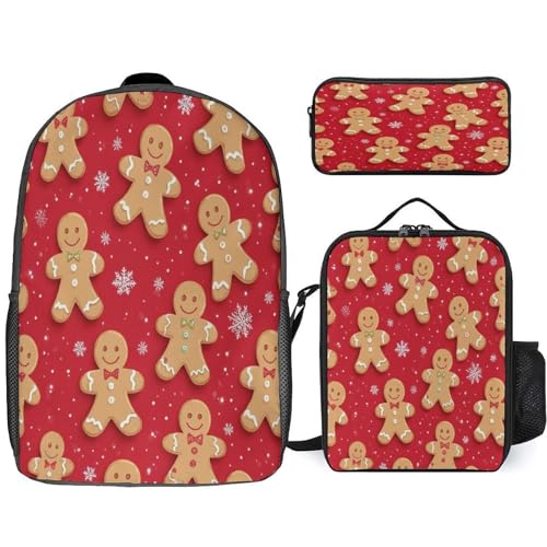 Unisex Fashion 3 Pcs Set, Large Capacity Christmas Red Polka Dots Snowflakes Gingerbread Cookies Backpack, Pencil Pouch Easy to Clean, Lunch Bag for Work
