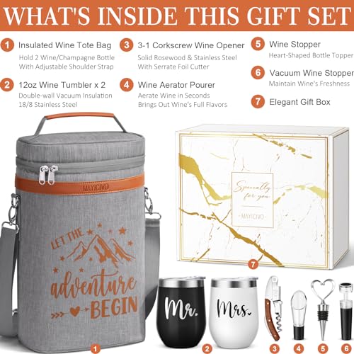 Image of Bridal Shower Wedding Gifts for Couple, Wine Cooler Bag Gifts for Men Women | Mr and Mrs Engagement Gifts for Newlywed Bride, His & Her Anniversary Wines Baskets Gift Set w / Tumbler & Wines Accessories