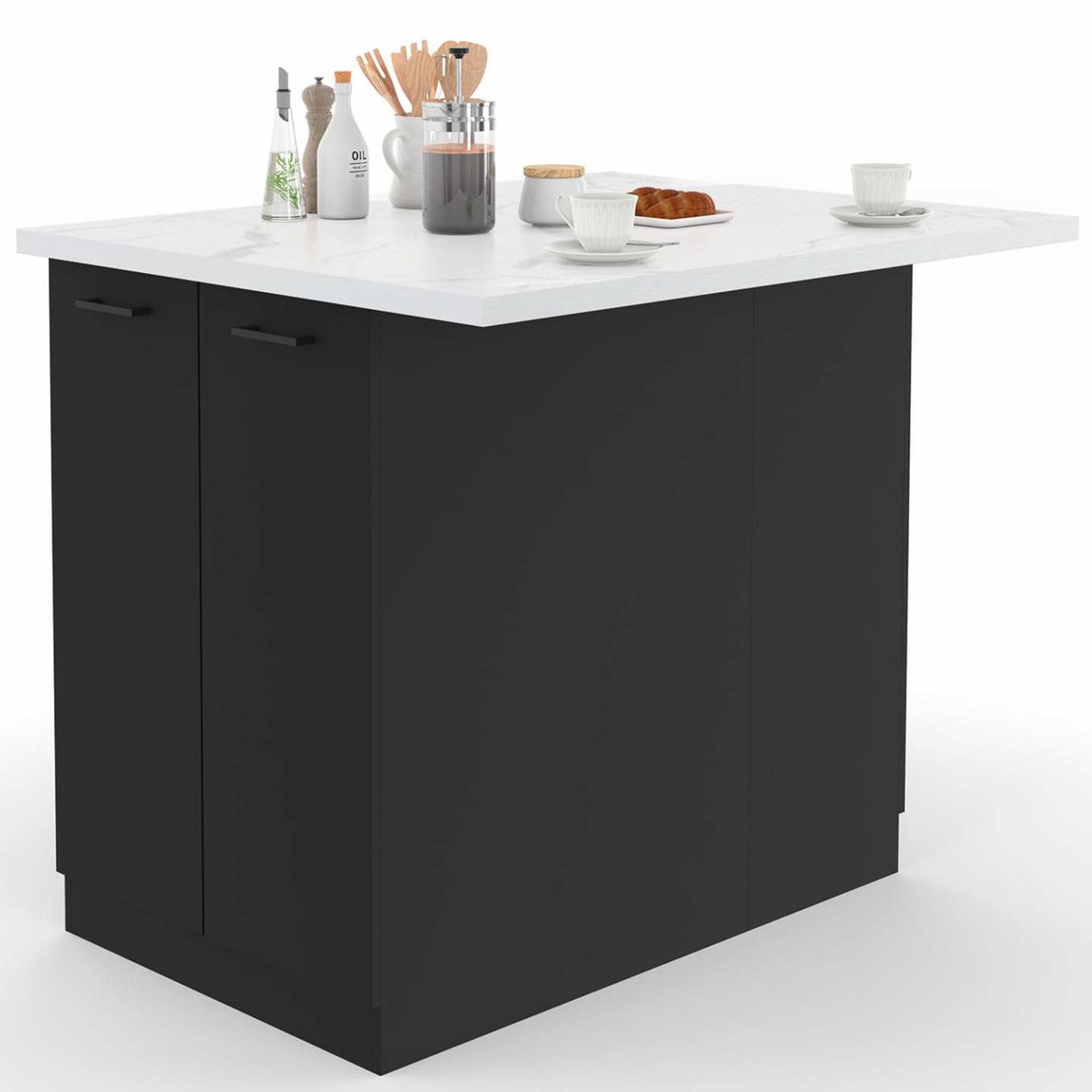 IDMarket - Ilot central IVO 120 cm madera negra con encimera efecto mármol ALASKA