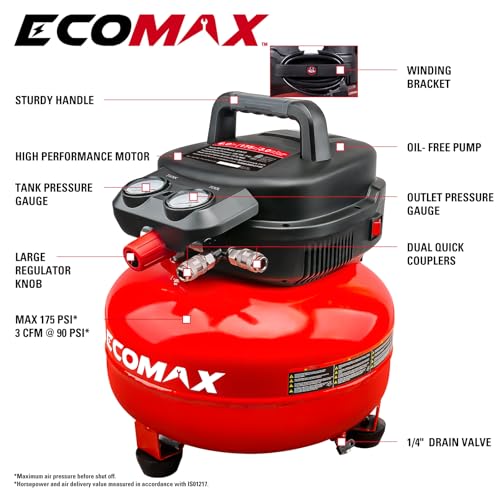 Air Compressor, 6-Gallon Pancake Air Compressor with 25 FT Air Hose, MAX 175PSI Pressure/1.5HP, Compressor for Air Tools, Car Tires, Garage, and Shop