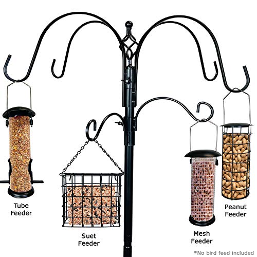 Ashman Deluxe Premium Bird Feeding Station, 22" Wide X 91" Tall (82 Inch Above Ground) Black With 4 Multiple Hooks And 4 Bird Feeders Hanging Kit. #TOP2