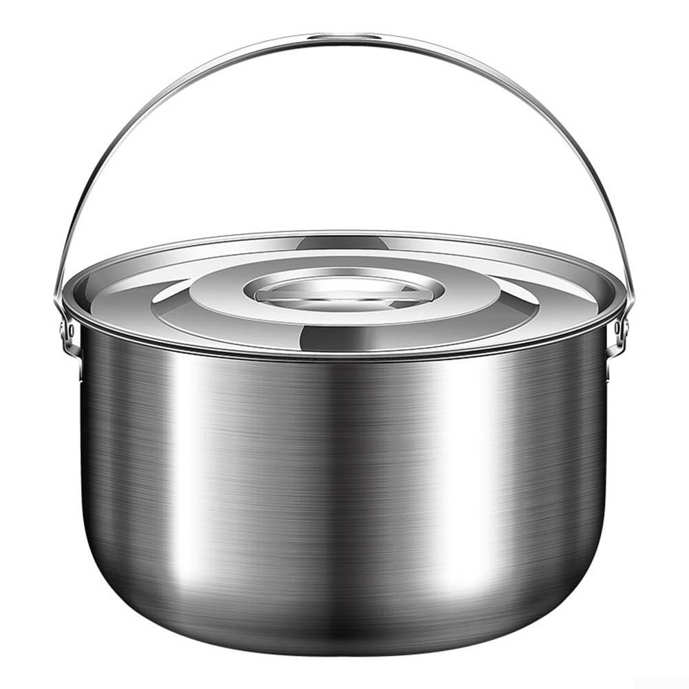 Pentola da campeggio in acciaio inox con coperchio e manico, adatta per escursioni, picnic, stufati, bollire e appendere sul fuoco (6L)