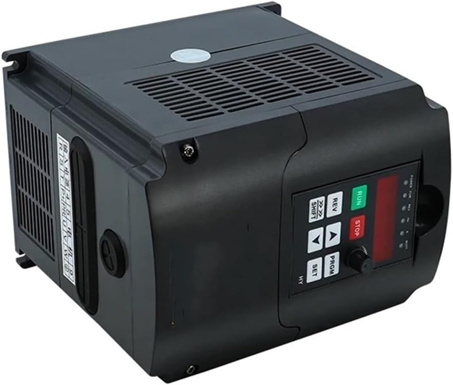 Front view of the VFD control panel with buttons for RUN, STOP, REV, SHIFT, UP, DOWN, PRGM, and SET, and a digital display.