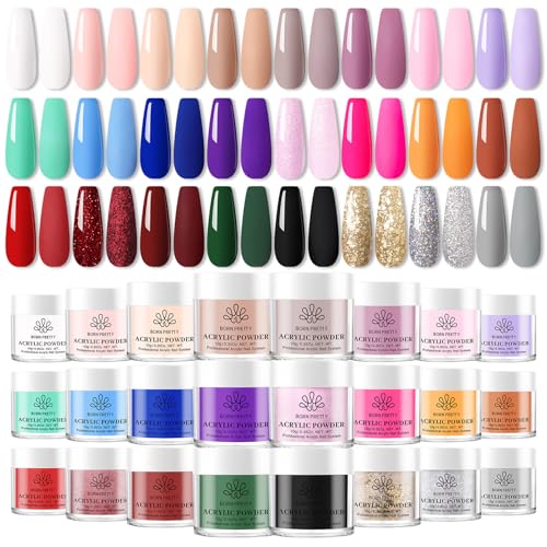 Born Pretty Juego de Pinturas Acrílicas para Uñas, 24 Colores, Otoño e Invierno, Rojo, Verde, Azul - Polvo Acrílico para Uñas